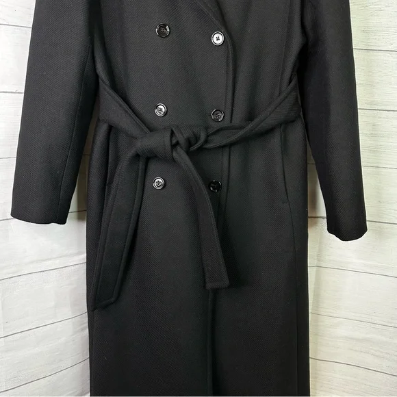 Mango size Medium Woolen Italian Wool Double-Breasted Belted Trench Coat Black - Picture 6 of 14